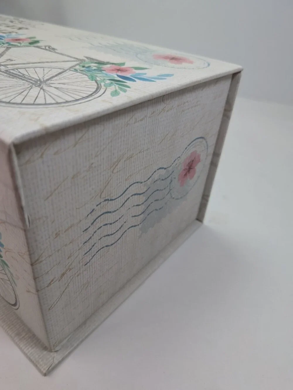 Paris France Storage Box Bicycle Gold Metallic Floral Postcard Art Blue